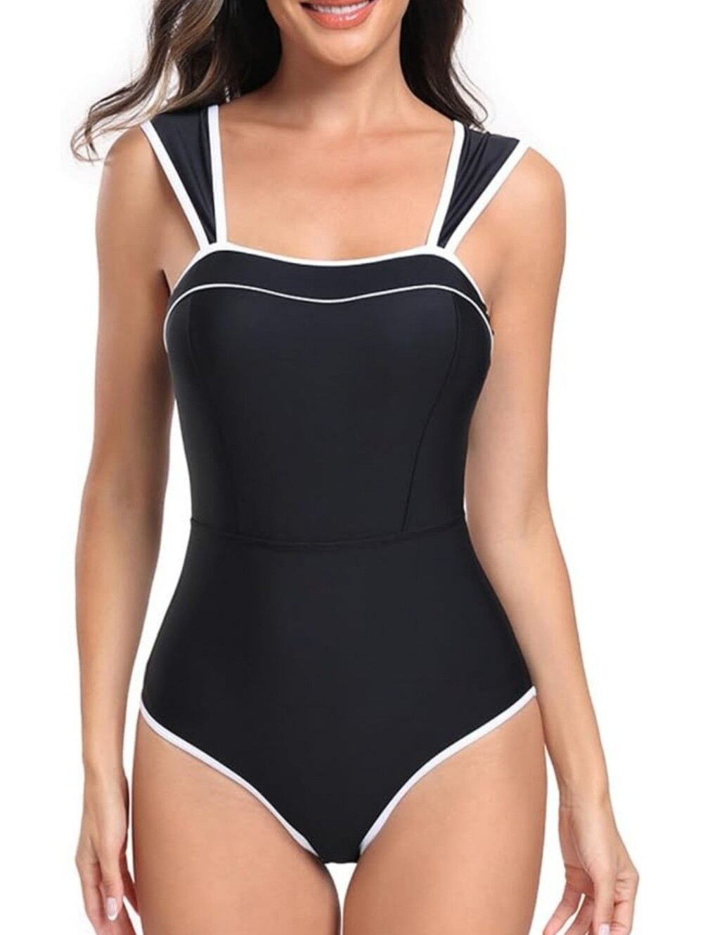 Classic Black One-Piece Swimsuit with White Trim